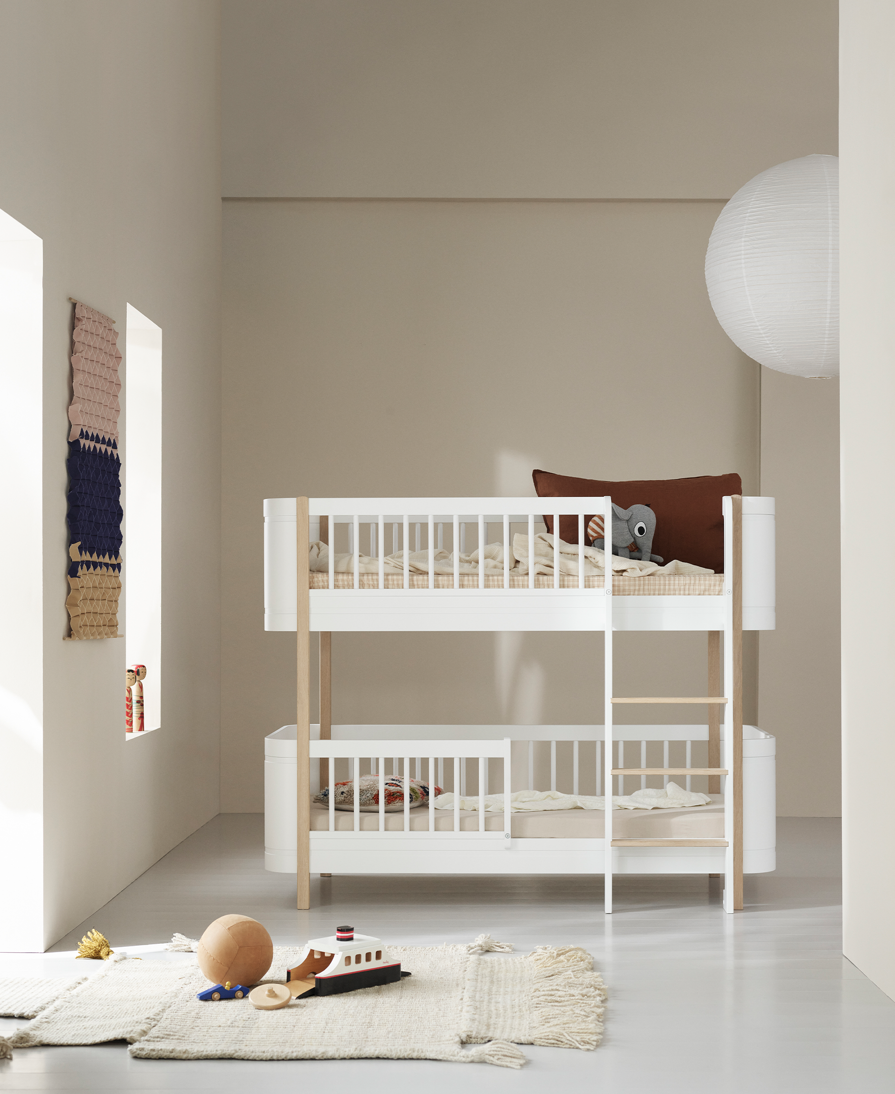 Oliver Furniture Mini+ Low Loft Bed to Low Bunk Bed in White/Oak