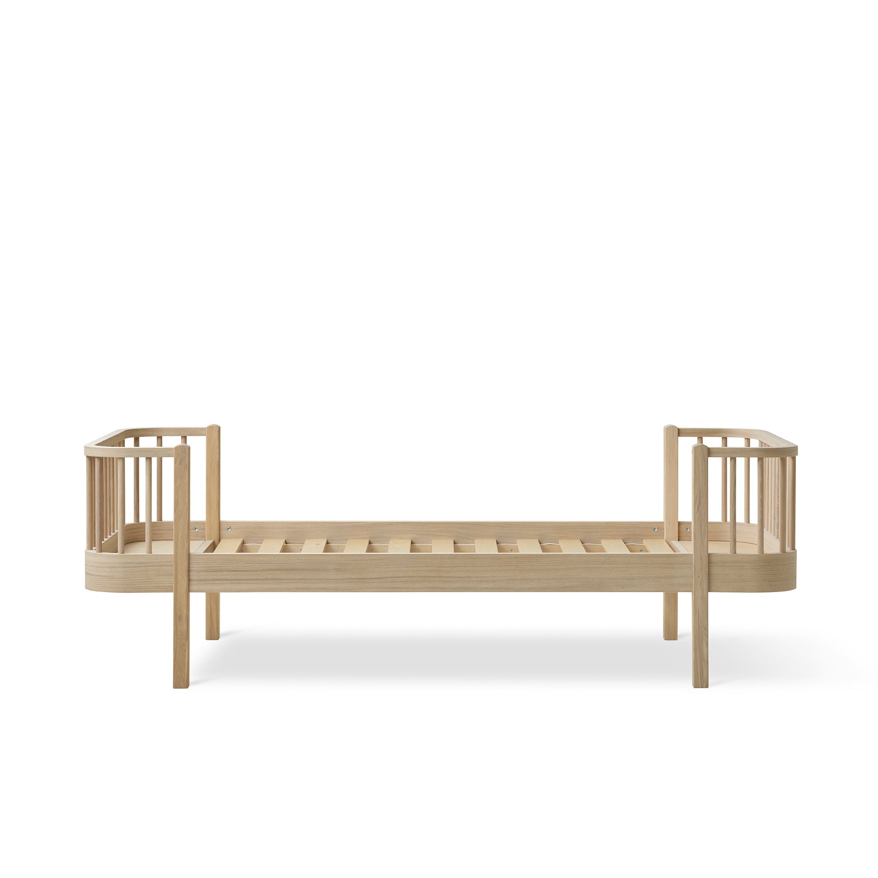 Wooden single bed on a white background