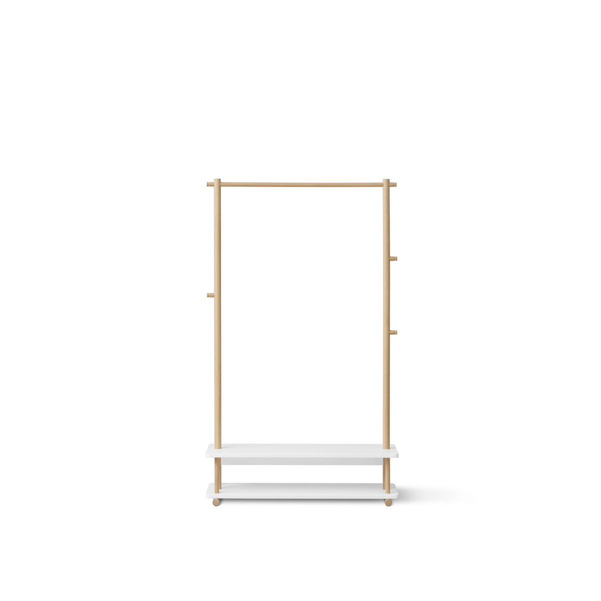 Minimalist clothing rack with wooden frame and white shelves on a white background
