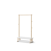 Wooden coat rack with a shelf on a white background