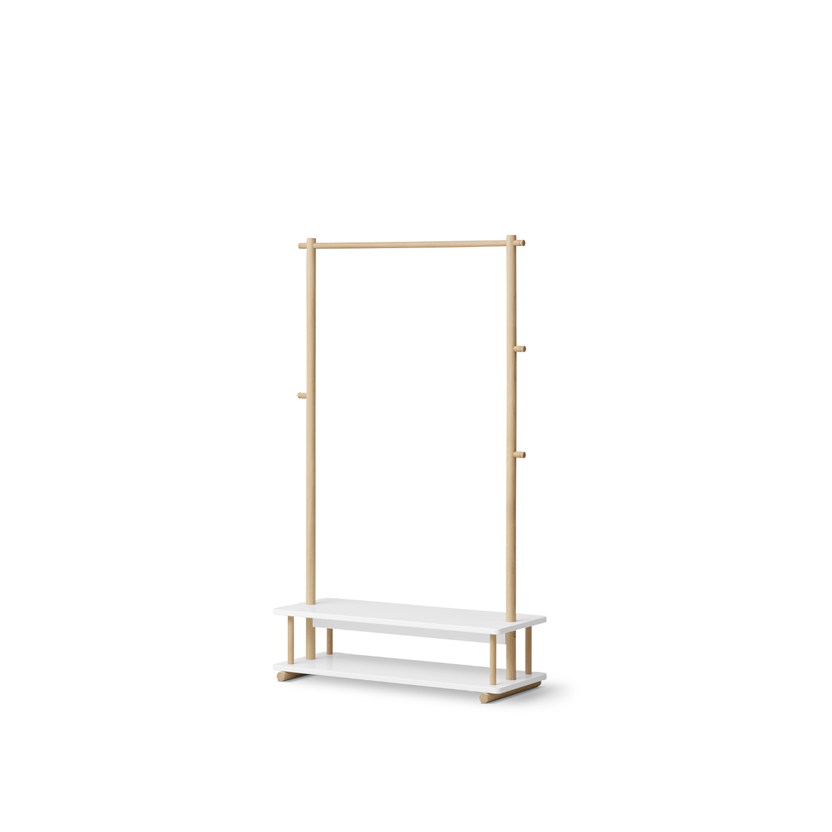 Wooden coat rack with a shelf on a white background