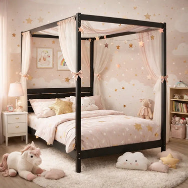 Roxanne 4-Poster Canopy Bed Solid Pine - Black