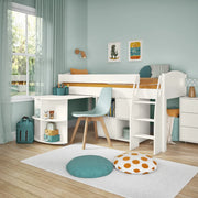 Children's room with a white loft bed, desk, and chair.