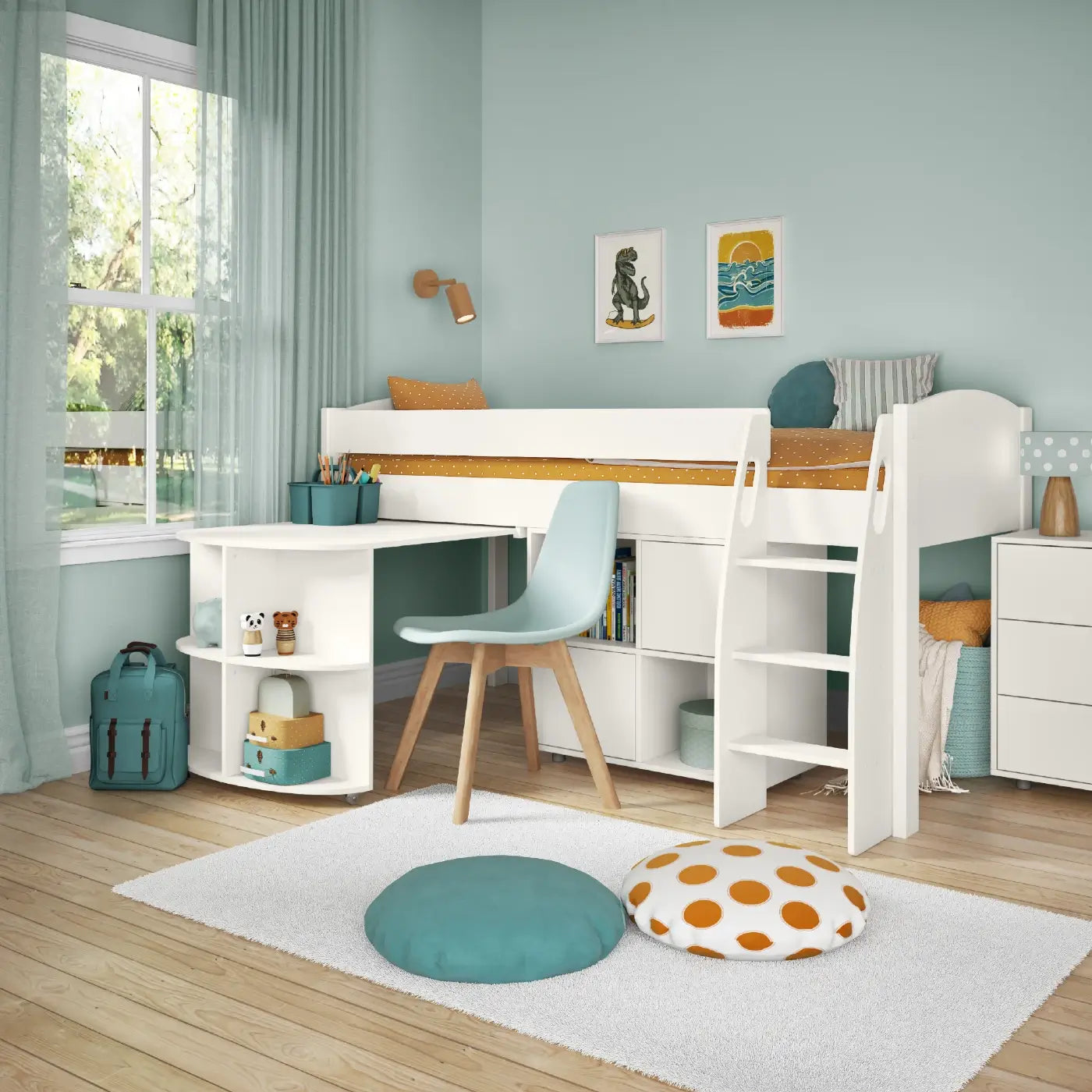 Children's room with a white loft bed, desk, and chair.