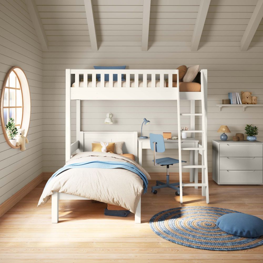 Arven High Sleeper Bed with Single Bed and Storage Desk in White