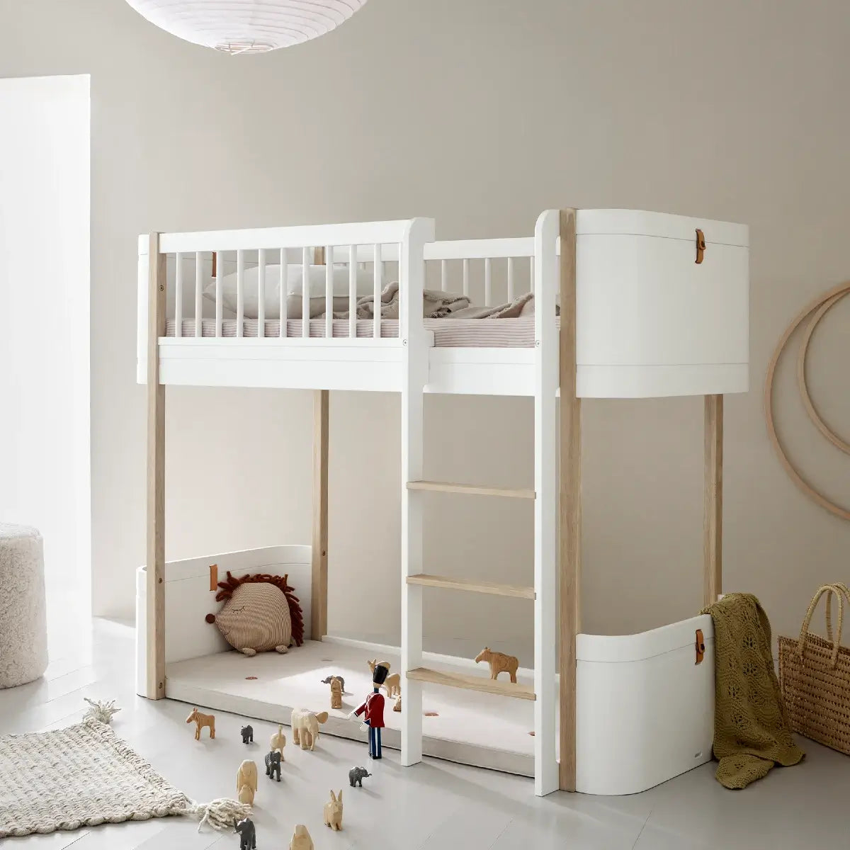 Oliver Furniture Mini+ Cot Bed incl Junior Kit to Low Loft Bed in White/Oak