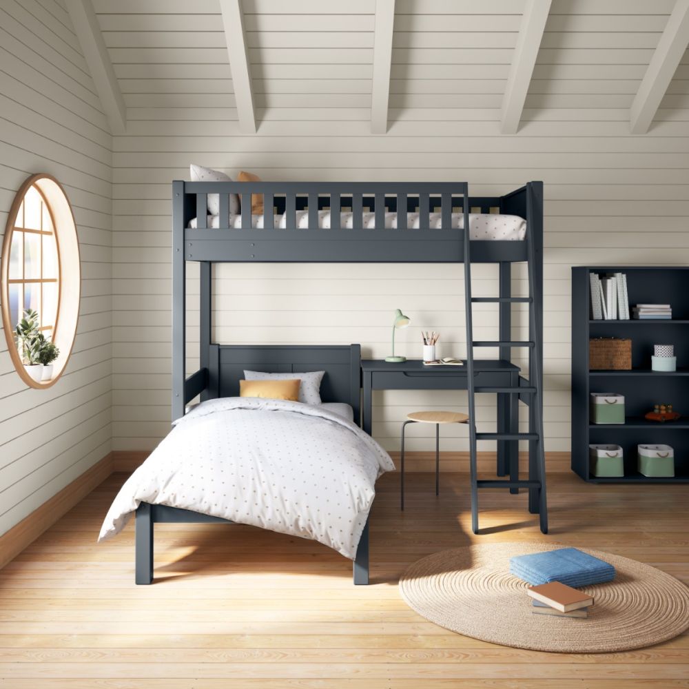 Arven High Sleeper Bed with Single Bed and Storage Desk in Blue