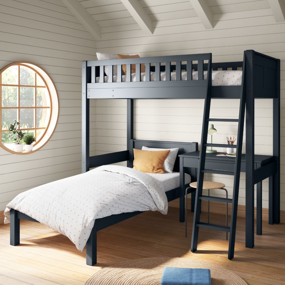 Arven High Sleeper Bed with Single Bed and Storage Desk in Blue