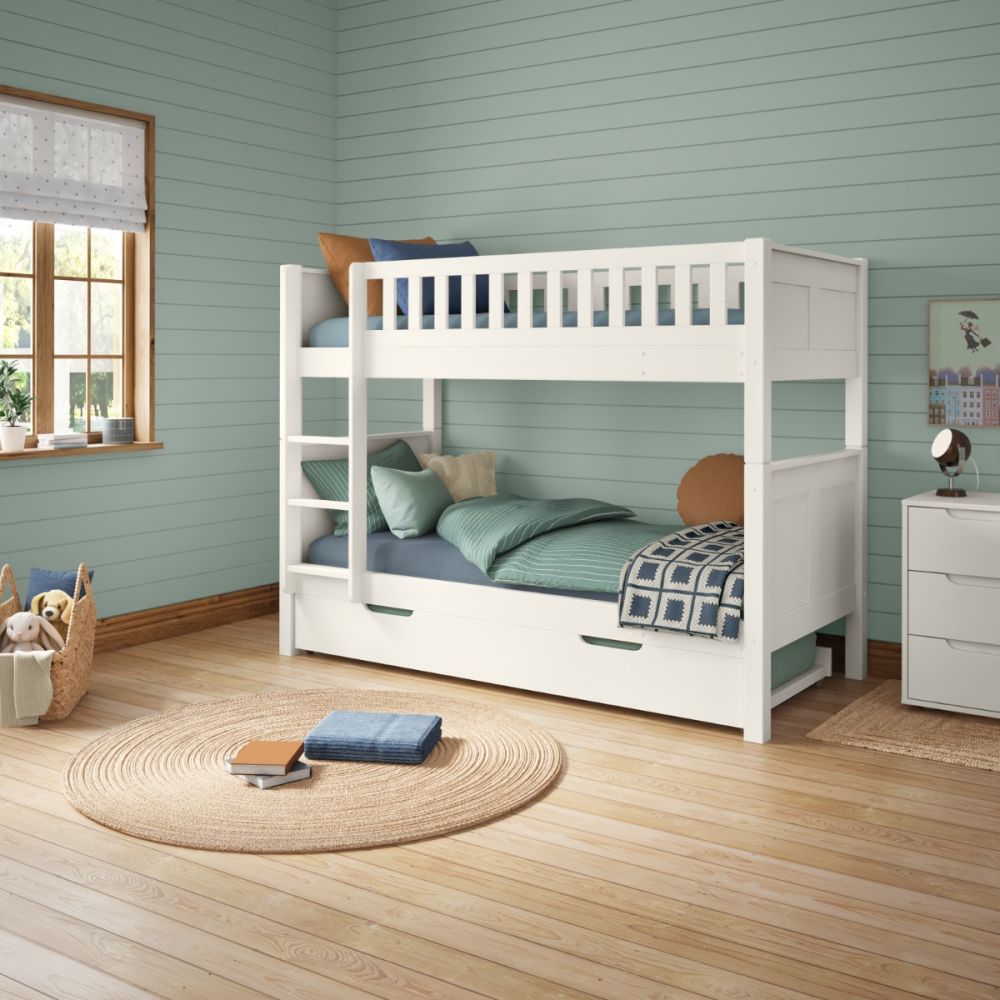 Arven Detachable Bunk Bed in White with Trundle and Trundle Mattress