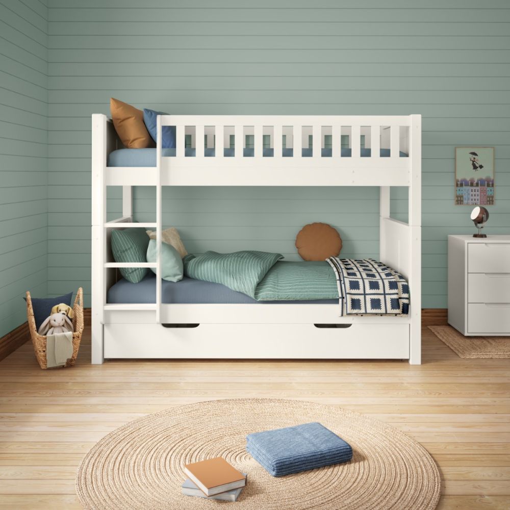 Arven Detachable Bunk Bed in White with Trundle and Trundle Mattress