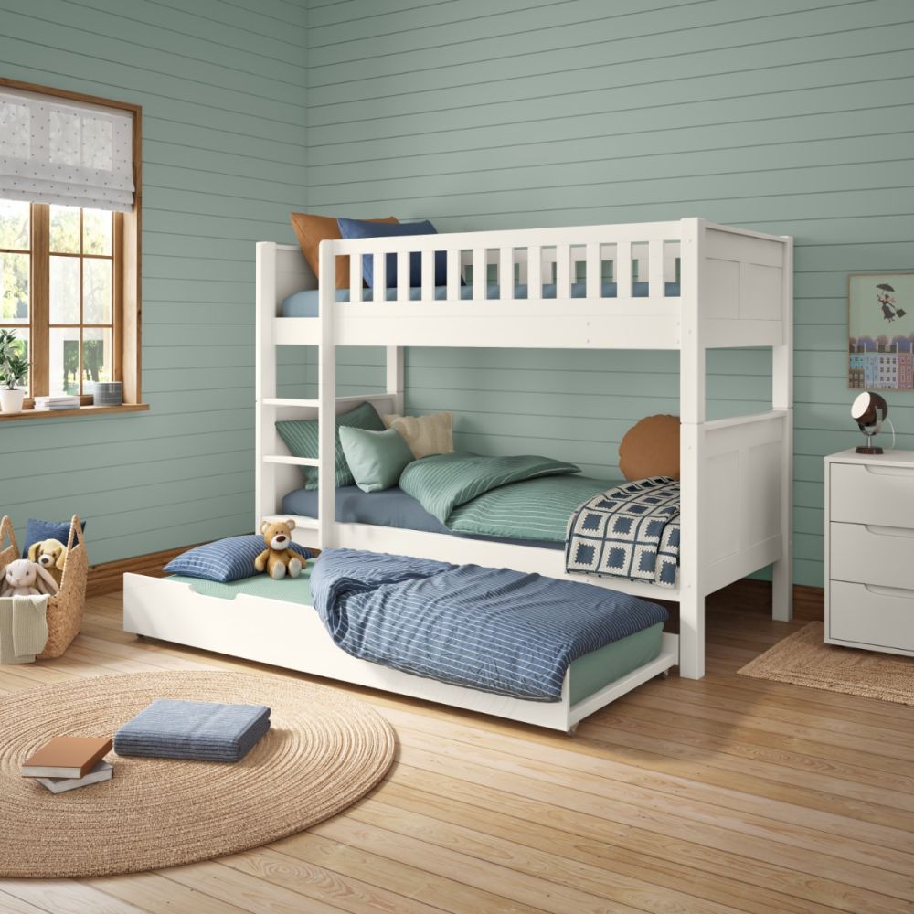 Arven Detachable Bunk Bed in White with Trundle and Trundle Mattress