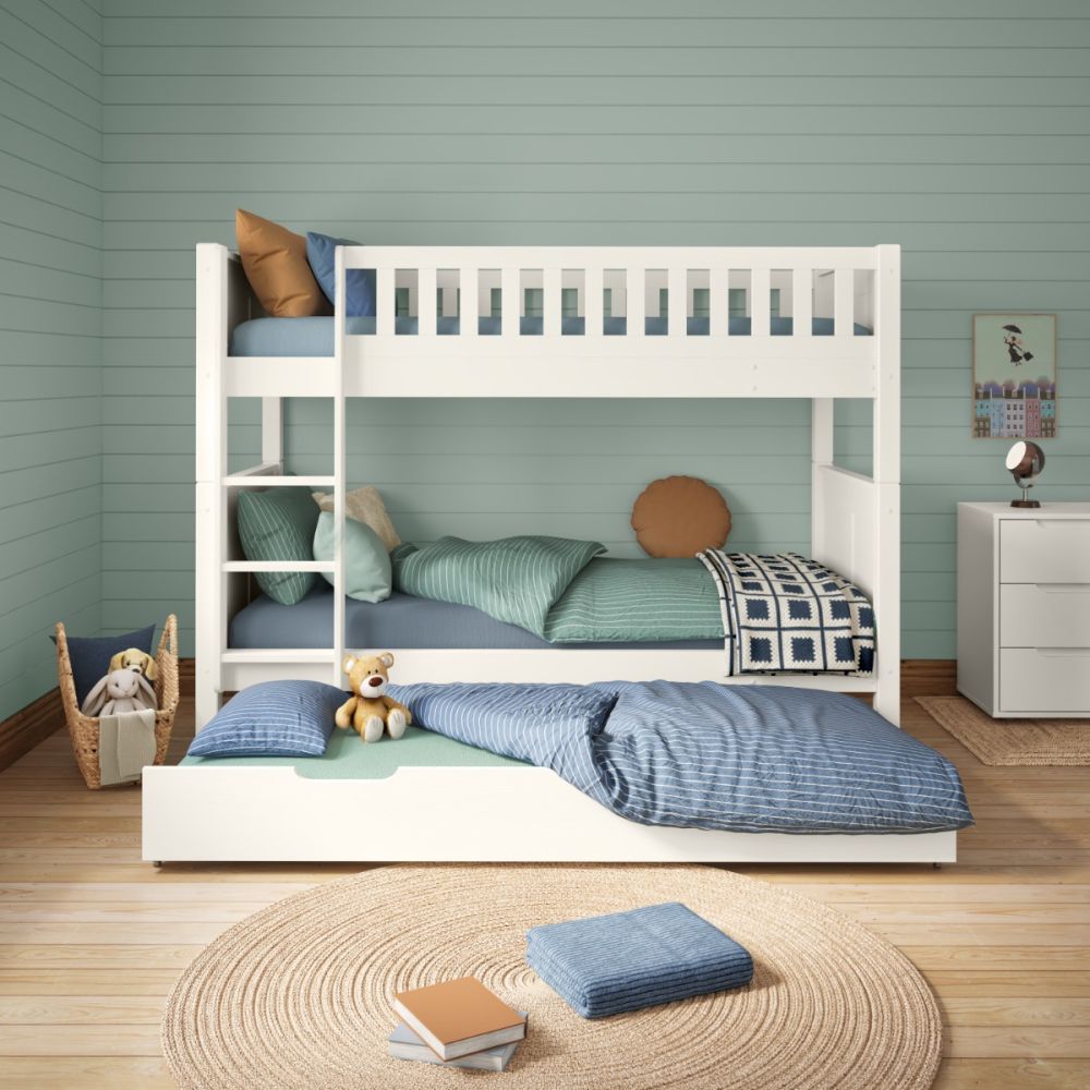 Arven Detachable Bunk Bed in White with Trundle and Trundle Mattress