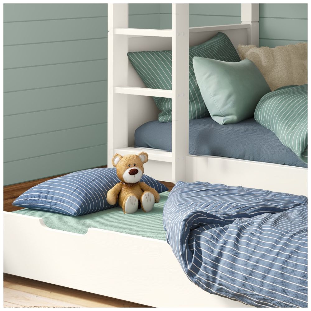 Arven Detachable Bunk Bed in White with Trundle and Trundle Mattress