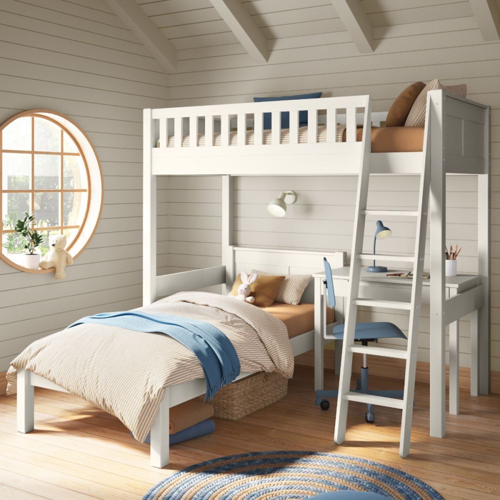 Arven High Sleeper Bed with Single Bed and Storage Desk in White