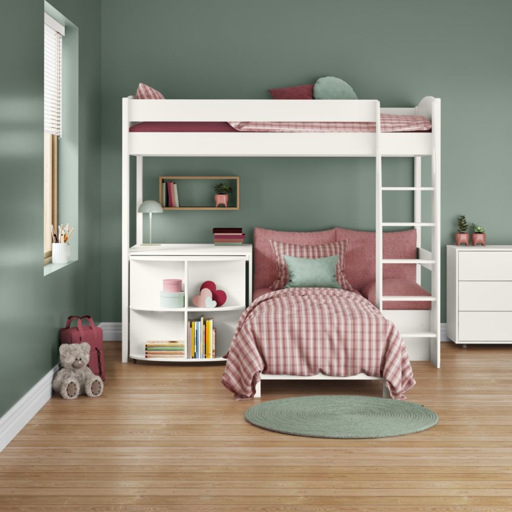 Uno S High Sleeper Bed with Pink Blossom Sofa Bed, Fixed and Pull-Out Desk