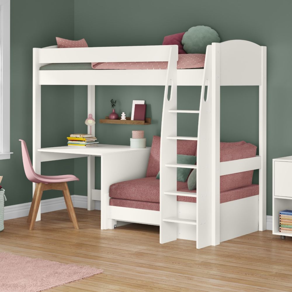 Uno S High Sleeper in White with Pink Blossom Sofa Bed and Fixed Desk