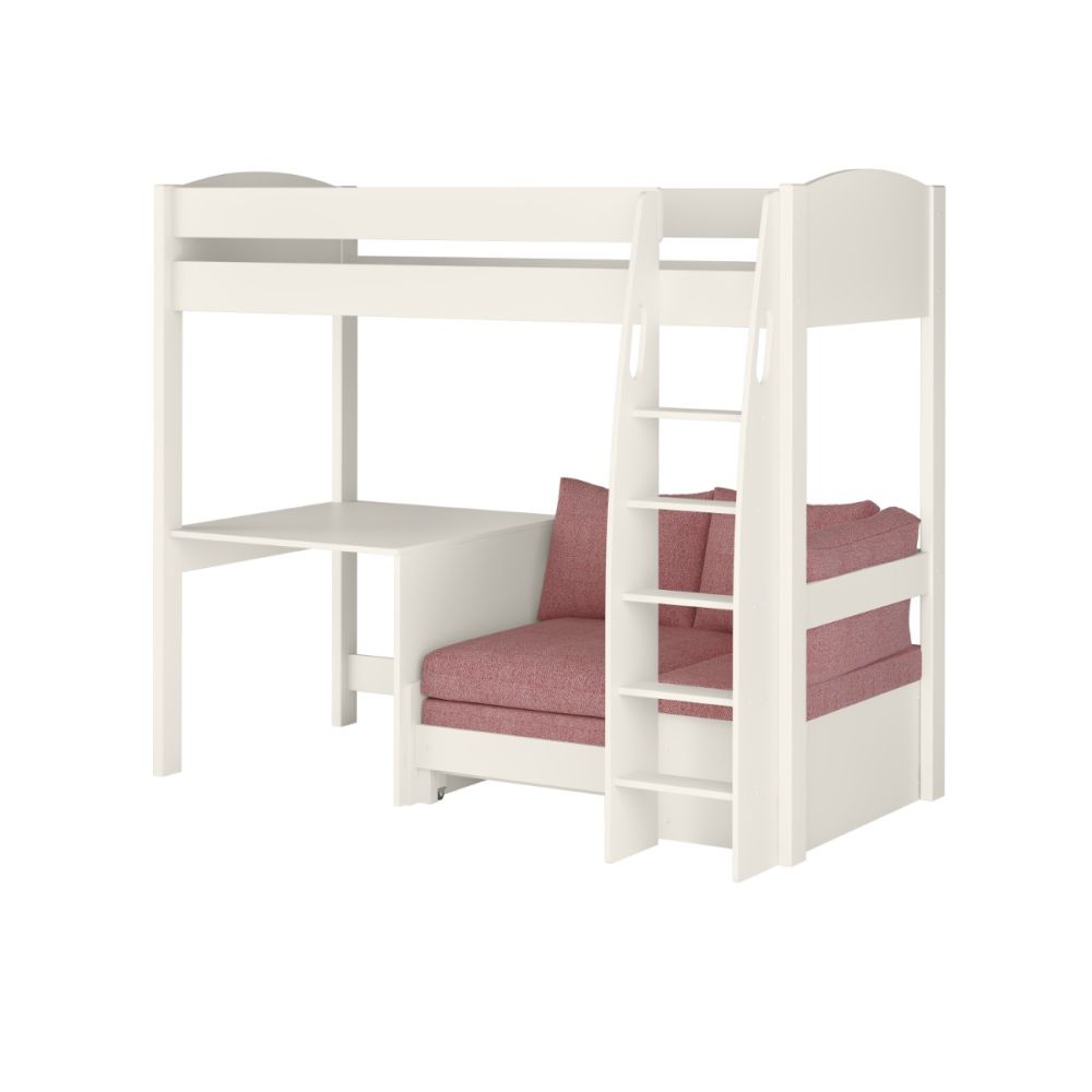 Uno S High Sleeper in White with Pink Blossom Sofa Bed and Fixed Desk