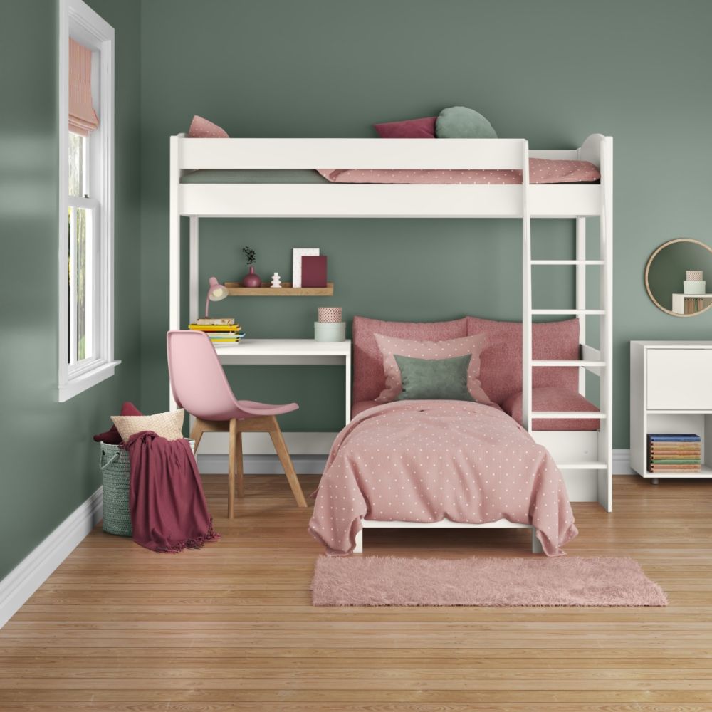 Uno S High Sleeper in White with Pink Blossom Sofa Bed and Fixed Desk