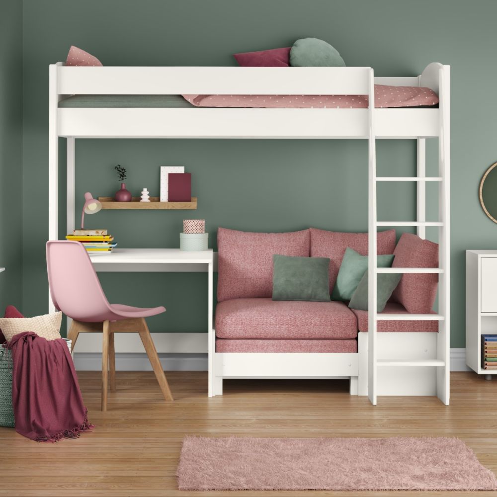 Uno S High Sleeper in White with Pink Blossom Sofa Bed and Fixed Desk