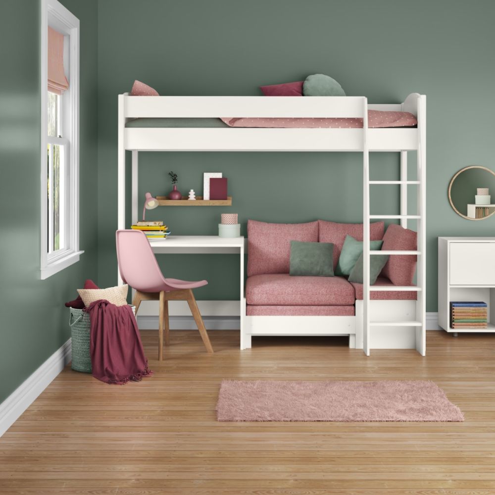Uno S High Sleeper in White with Pink Blossom Sofa Bed and Fixed Desk