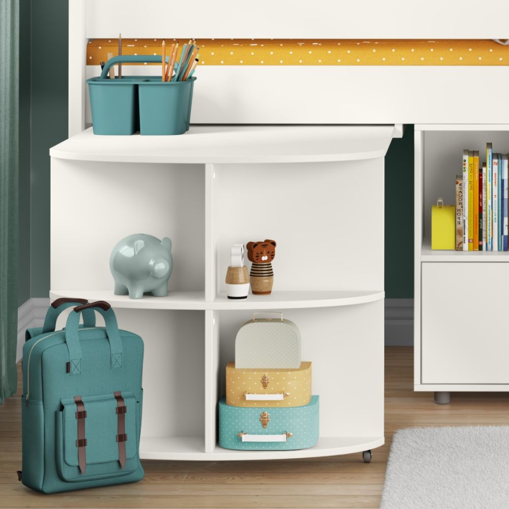 White storage unit with shelves, decorative items, and a teal backpack in a room setting.